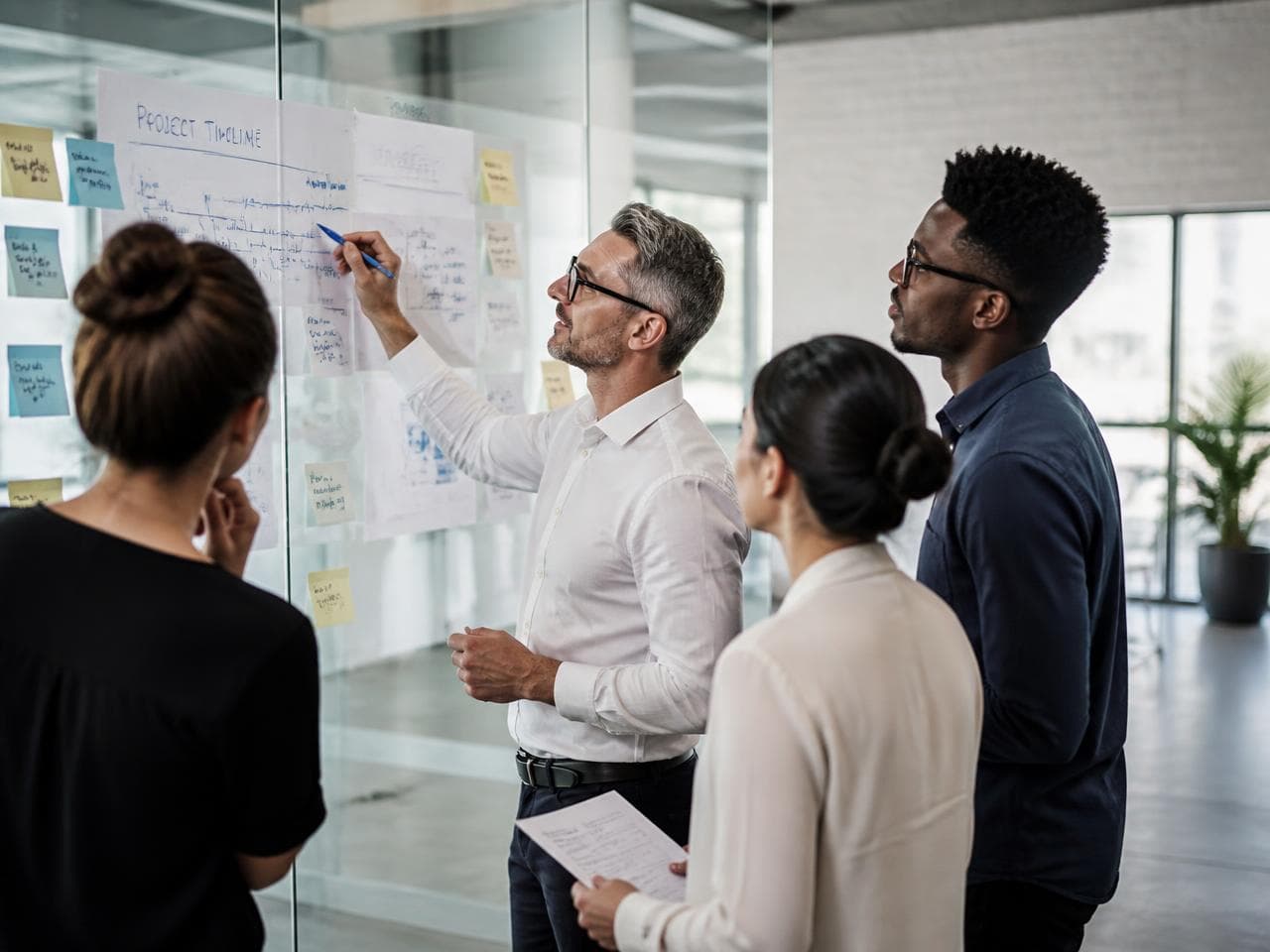 Consulting team reviewing a project timeline on a glass planning wall